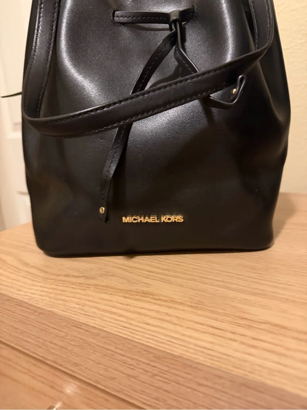 Michael Kors Black Leather Drawstring Hobo with Gold Logo Accent